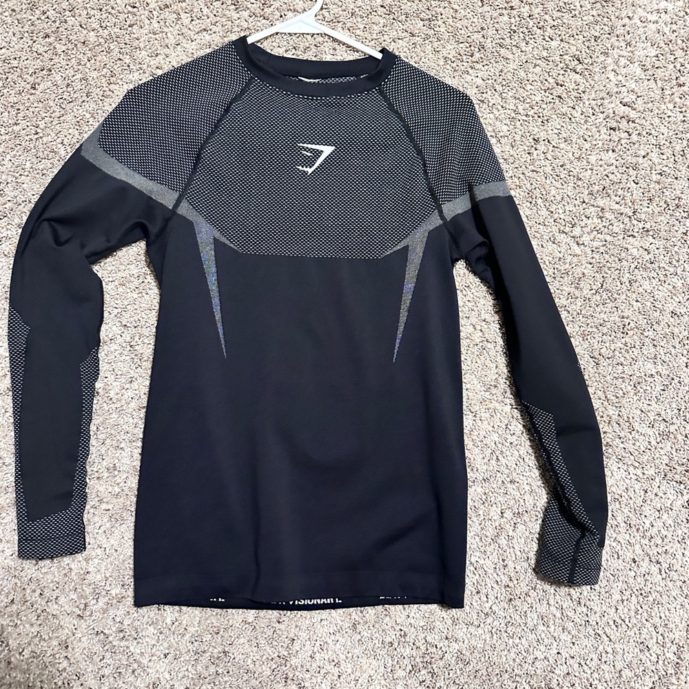 Gymshark Men’s Black Long-Sleeve Performance Top with Gray Accents NEVER WORN